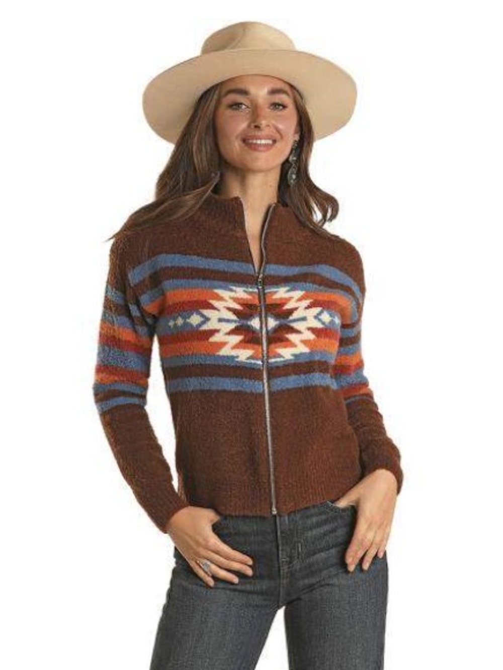 Panhandle Brown Aztec Print Cozy Boho Knit Full Zip Sweater Jacket - Size M